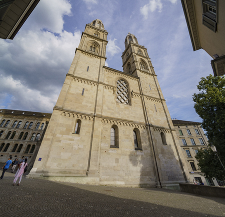 Zurich, JUL 15: Afternoon cityscape with Great Minster, Limmat river on JUL 15, 2017 at the historical Zurich city, Switzerlandのeditorial素材
