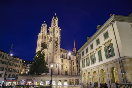 Zurich, JUL 15: Night cityscape with Great Minster, Limmat river of the historical Zurich city on JUL 15, 2017 at  Switzerlandのeditorial素材