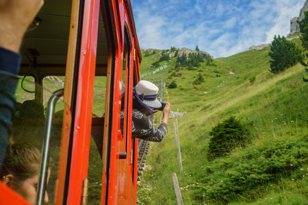 Lucerne, JUL 16: Scenic view from the special train climbing up to the Mount Pilatus on JUL 16, 2017 at Lucerne, Switzerlandのeditorial素材