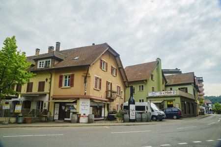Schaffhausen, JUL 15: The historical old down and street on JUL 15, 2017 at Schaffhausen, Switzerlandのeditorial素材