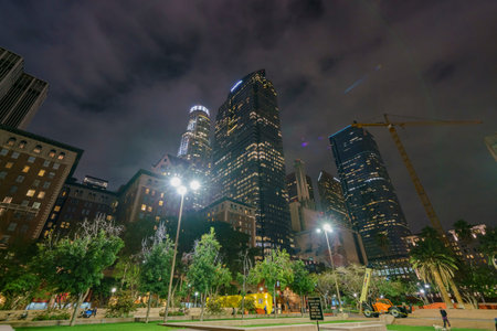 Los Angeles , SEP 4: Night view of Los Angeles downtown from Pershing Square on SEP 4, 2017 at Los...