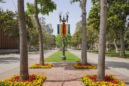 Los Angeles, JUN 4: Rainbow flag under the lamp of the University of Southern California on JUN 4, 2017 at Los Angelesのeditorial素材