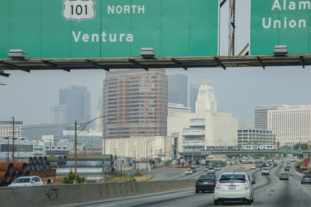 Los Angeles , JUN 4: Downtown street view via highway on JUN 4, 2017 at Los Angeles, Californiaのeditorial素材