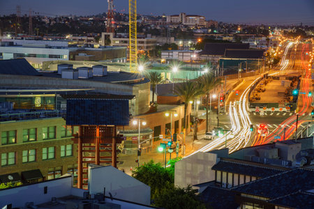 Los Angeles , JUN 15: Twilight aerial view of Little tokyo on JUN 15, 2017 at Los Angeles,...