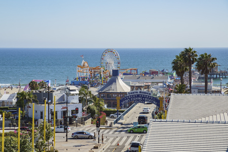 Santa Monica, APR 17: The pier and car parking of Santa Monica Beach at Los Angeles County, California, United Statesのeditorial素材