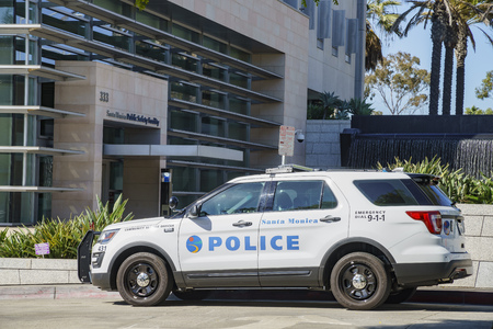 Santa Monica, JUN 21: Police car and Public Safety Facility on JUN 21, 2017 at Santa Monica, Los Angeles County, California, United Statesのeditorial素材