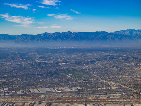 Aerial view of Monterey Park, Rosemead, view from window seat in an airplane, California, U.S.A.