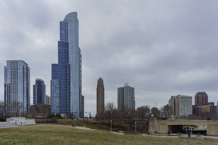 Skyscapers and skylin of Chicago from Milennium Park at Illinois, United Statesのeditorial素材
