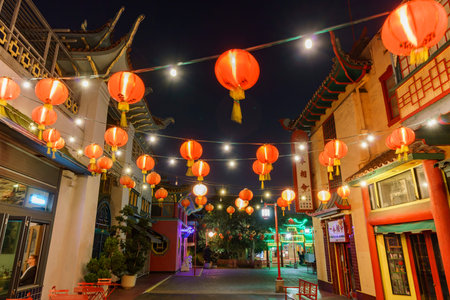 Los Angeles, OCT 19: Night view of the Chinatown central plaza on OCT 19, Los Angeles, California, United Statesのeditorial素材