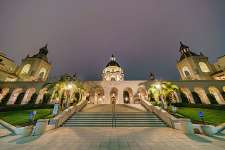 Night view of The beautiful Pasadena City Hall at Los Angeles, California, United States