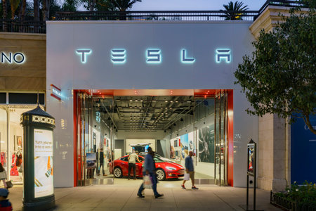 Glendale, OCT 28: Night view of The Tesla store on OCT 28, 2017 at Glendale, Los Angeles,...