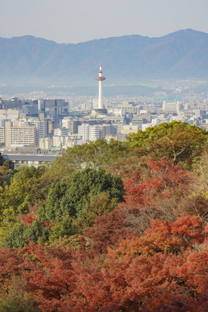 Aerial view of the Kyoto cityscape from Otowa-san Kiyomizu-dera with fall color, Kyoto, Japanのeditorial素材