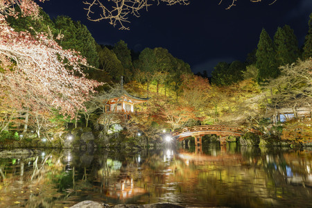 night scene of the red bridge, fall color of Daigo-ji at Kyoto, Japanのeditorial素材