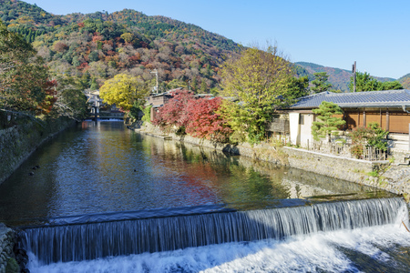 House and river near TogetuKyo Bridge, Arashiyama, Kyoto, Japanのeditorial素材