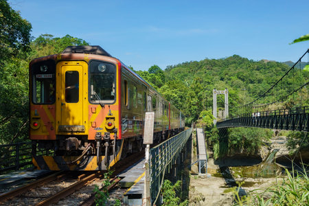 New Taipei City, AUG 10: Beautiful train and bridge on AUG 10, 2017 at Pingxi District, New Taipei...
