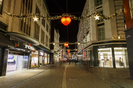 Copenhagen, NOV 18: Christmas decoration on street of downtown street around night on NOV18, 2016 at  Copenhagen Denmarkのeditorial素材