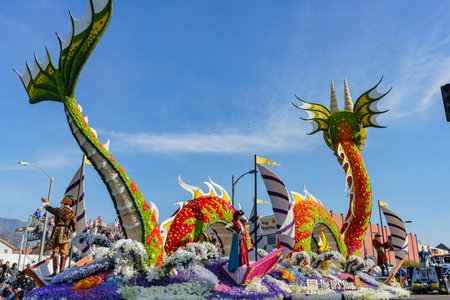 Pasadena,  JAN 1: Cute dragon float of the famous Rose Parade - America's New Year Celebration on...