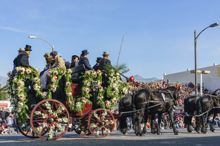 Pasadena,  JAN 1: Horse car with people in the Rose Parade - America's New Year Celebration on JAN 1, 2017 at Pasadena, California, United Statesのeditorial素材