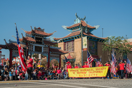 Los Angeles, FEB 17: Chinese Historical Society of Southern California at Golden Dragon Parade on FEB 17, 2018 at Los Angeles, Californiaのeditorial素材