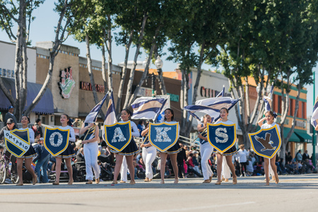 Temple City, FEB 24: Ontario High School Marching band performance of the famous 74th Camellia Festival Parade on FEB 24, 2018 at Temple City, Los Angeles County, Californiaのeditorial素材