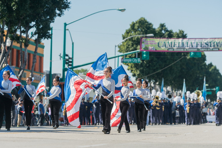 Temple City, FEB 24: Marching band performance of the famous 74th Camellia Festival Parade on FEB 24, 2018 at Temple City, Los Angeles County, Californiaのeditorial素材