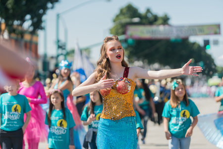 Temple City, FEB 24: Marching band performance of the famous 74th Camellia Festival Parade on FEB...