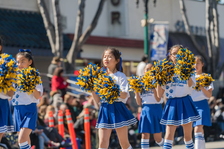 Temple City, FEB 24: Longden School Marching band performance of the famous 74th Camellia Festival Parade on FEB 24, 2018 at Temple City, Los Angeles County, Californiaのeditorial素材