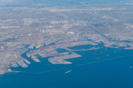 Aerial view of the shore of Los Angeles County in an airplane window seat