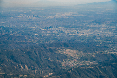 Aerial view of Los Angeles downtown and Westwood downtown, Californiaの写真素材