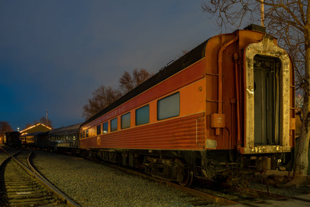 Sacramento, FEB 20: Night view of the Union Pacific train and tree at the old town on FEB 20, 2018 at Sacramento, Californiaのeditorial素材