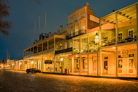 Sacramento, FEB 20: Night view of the famous Old Sacramento Historic District on FEB 20, 2018 at Sacramento, Californiaのeditorial素材