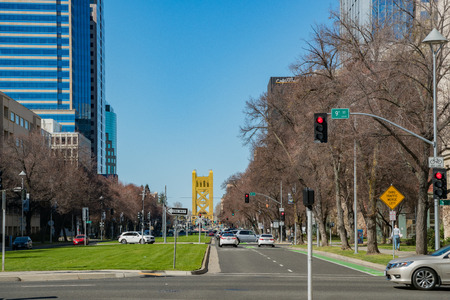 Sacramento, FEB 21: afternoon view of the historical downtown Sacramento with tower bridge on FEB 21, 2018 at Sacramento, Californiaのeditorial素材