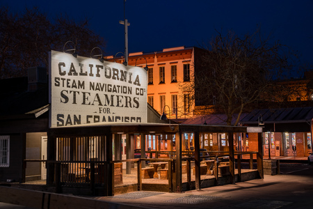 Sacramento, FEB 20: Night view of the famous Old Sacramento Historic District on FEB 20, 2018 at Sacramento, Californiaのeditorial素材