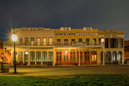 Sacramento, FEB 20: Night view of the famous Old Sacramento Historic District on FEB 20, 2018 at Sacramento, Californiaのeditorial素材