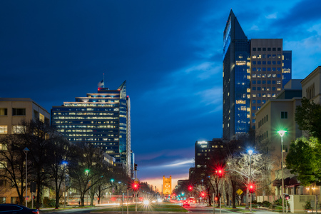 Sacramento, FEB 21: Night view of the historical downtown Sacramento with tower bridge on FEB 21, 2018 at Sacramento, Californiaのeditorial素材