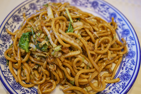 Close up shot of delicious Shanghai style fry noodlesの写真素材