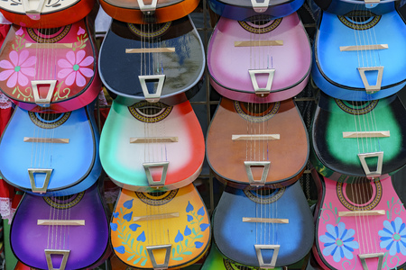 Close up shot of colorful ukulele at Olvera Street, Los Angelesの写真素材
