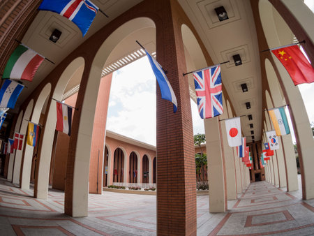 Los Angeles, MAR 16: Exterior view of the beautiful VKC Library buiding with many country flags in...