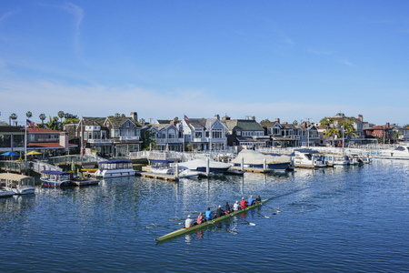 Long beach, MAR 18: Beautiful cityscape with people boating below on MAR 18, 2018 at Long Beach, Los Angeles County, Californiaのeditorial素材