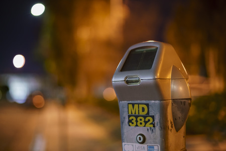 Los Angeles, MAR 7: Night view a cark parking meter near USC Health Sciences Campus on MAR 7, 2018 at Los Angelesのeditorial素材