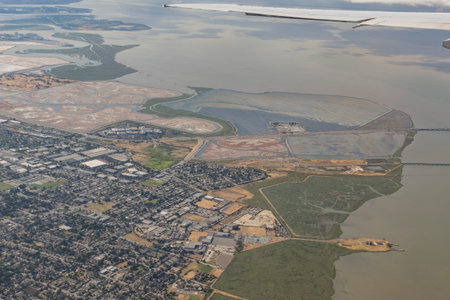 Aerial view of the Bedwell Bayfront Park, wetland and cityscape of San Francisco
