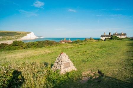 The famous landscape, Seven Sisters Cliffs with Coastguard Cottages at West Sussex, United Kingdomのeditorial素材