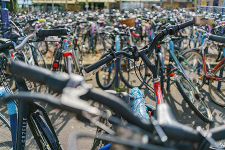 Oxford, JUL 9: Close up shot of many bicycles on JUL 9, 2017 at Oxford, United Kingdomのeditorial素材