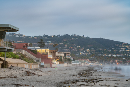 evening view of the Scripps Beach and cityscape at San Diego, Californiaのeditorial素材