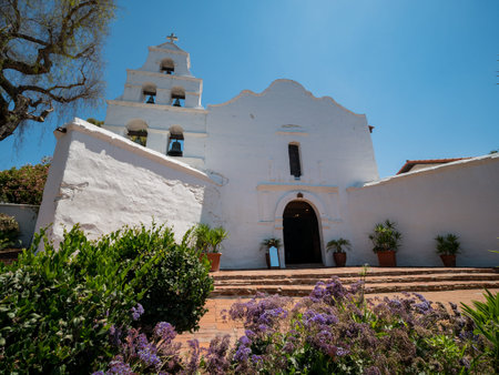 San Diego, JUN 29: Exterior view of the historical Mission San Diego de Alcala on JUN 29, 2018 at San Diego, Californiaのeditorial素材