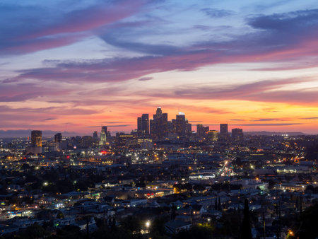 Sunset view of the Los Angeles skyline, California