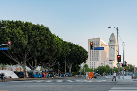 Los Angeles, JUL 12: City hall and homeless tent on the road on JUL 12, 2018 at Los Angeles, Californiaのeditorial素材