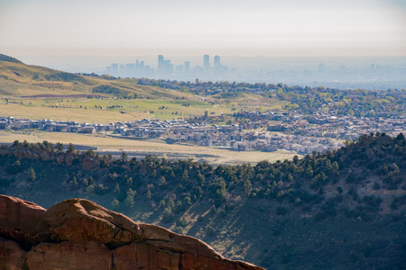 Beautiful Denver cityscape from the Red Rocks Colorado at Denver, Coloradoの写真素材