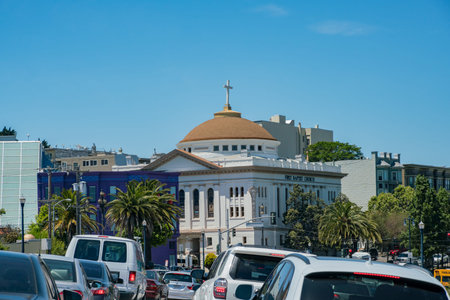 San Francisco, MAY 22: First Baptist Church and the traffic on MAY 22, 2017 at San Francisco, Californiaのeditorial素材