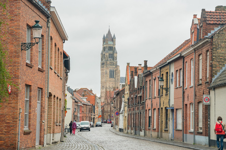 Brugge, APR 28: Beautiful street view with St. Salvator's Cathedral of the city on APR 28, 2018 at Brugge, Beligumのeditorial素材